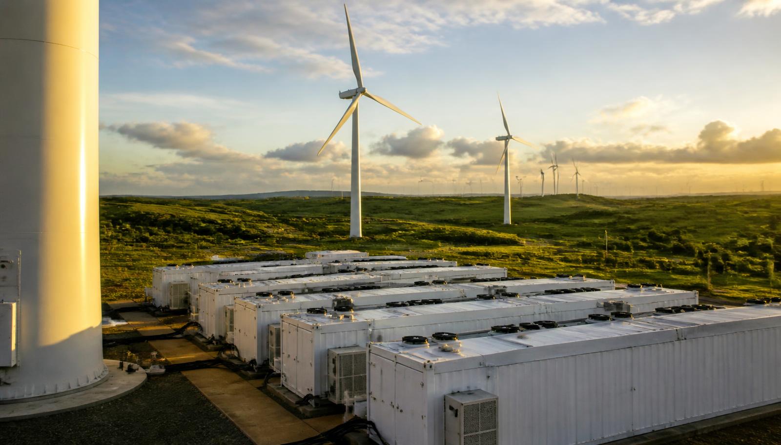 Contêineres de data center modular instalados na base de aerogeradores em parque eólico