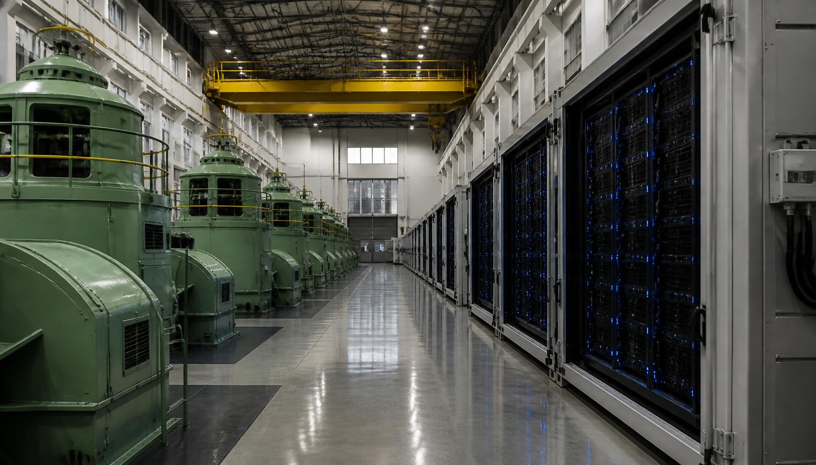 Casa de máquinas de PCH com geradores hídricos e racks de data center ao lado